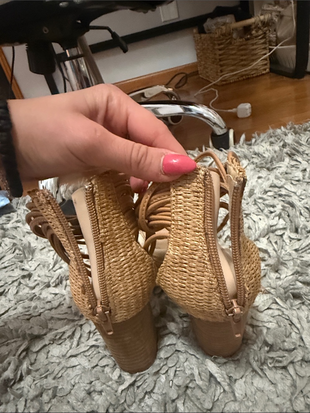 Woven Heel Ankle-Tie Wedge Sandals in Cream and Tan - Picture 11 of 11